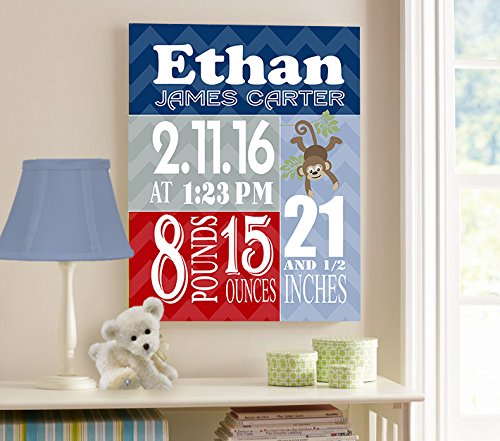 Personalized Stretched Canvas Birth Announcement Gift, Custom Baby Name, Date, Weight Stats, Newborn Nursery Monkey Wall Art Decor, Wooden Frame Construction, Ready to Hang 11X14