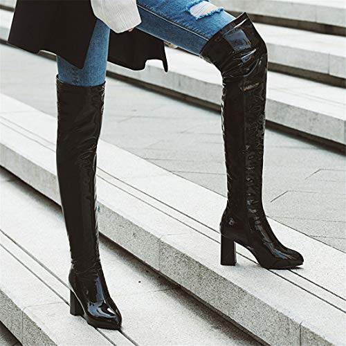 LUXMAX Womens Stretchy Over Knee Patent Leather Thigh High Stacked Chunky Heel Boots3