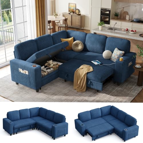 Image of LINSY HOME Pull Out Sofa Bed Sectional Sleeper Sofa with Storage, Plush Corduroy Pullout Modular Sectional Couches for Living Room, L Shaped Convertible Couch Bed for Apartment (Blue)