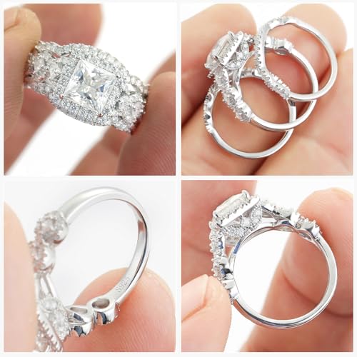 Image of moissanite 3 piece wedding ring set for Women,3CT Princess Cut Halo Bridal Set Wedding Bands S925 Sterling Silver with 18K White Gold Plated Engagement Anniversary Rings for Her Size 4.5-11