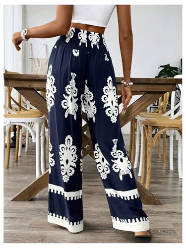 WDIRARA Women's Boho Floral Print Wide Leg Pants Smocked Drawstring High Waisted Trousers2
