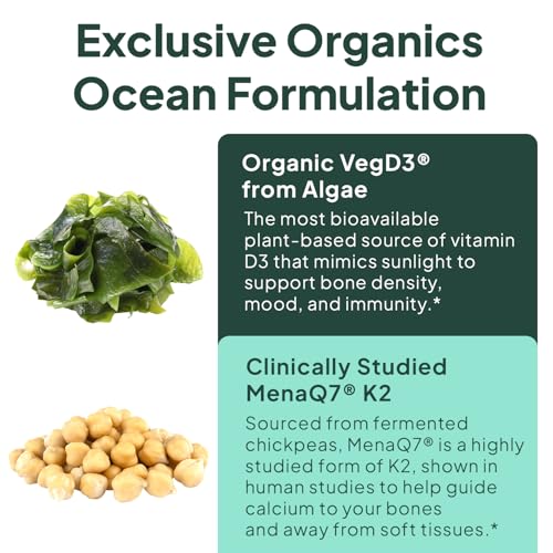 Image of Organics Ocean Better D3 + K2-100% Organic VIT D3 and K2 Supplements with Maximum Bioavailability - Supports Bone Density, Calcium Balance, Immunity & Mood - 3-Pack, 90-Day Supply