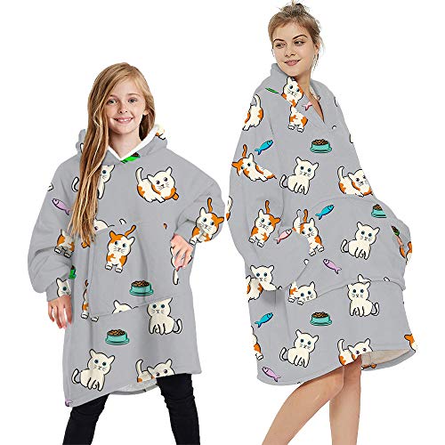 Tragbarer Blanke-Kapuzenpullover, warm, übergroße Hoodies, Decke, riesiges Sweatshirt, Kapuze für Damen, Mädchen, Erwachsene, Herren, Jungen, Kinder, große Tasche, Katzenfisch M, One size Cover