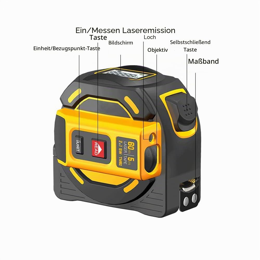 Laser Messgerät Massband, Digitales Laserdistanzmessgerät mit LCD -Display, Lasermessung 196 ft, Maßband 16 ft