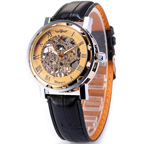 Preisvergleich Produktbild HIPENGYANBAIHU Schwarzer Gürtel Silber Muschel Weiße Oberfläche Weißer Nagel Mechanische Uhr Retro Klassiker Automatik Auto Mechanische Armbanduhr