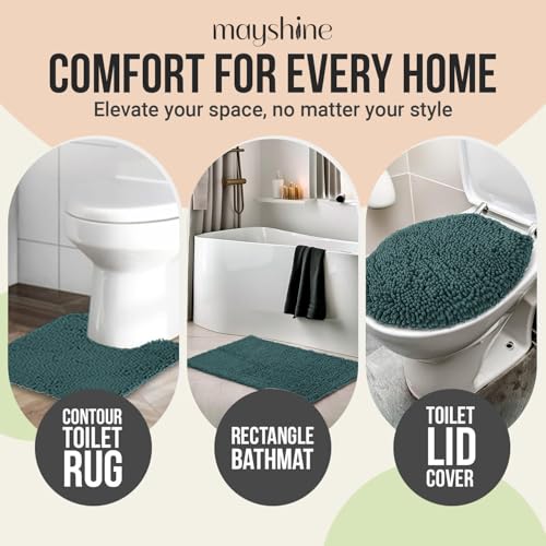 Image of Standard 3pc Set Chenille Bath Mats, Includes 21 inchx24 inch U-Shaped Contour Toilet Rug, 21 inchx34 inch Inches Bathmat and 1 Toilet Lid Cover, Plush Absorbent Bath Mats Quick Dry, Teal