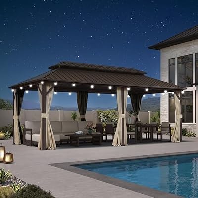 PURPLE LEAF 10’ X 20' Hardtop Gazebo Outdoor Gazebos Metal Frame Galvanized Steel Double Roof with Curtains and Nettings for Patio Desk Backyard Bronze
