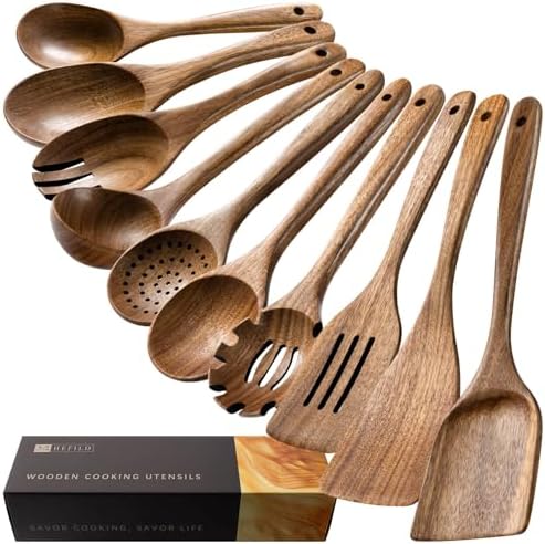Wooden Spoons for Cooking, Nonstick Cooking Utensil Set with 10 P...