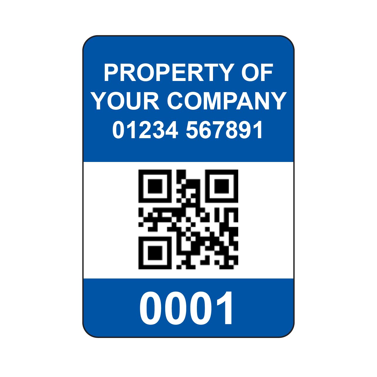 500 Serialised QR Code Asset Tag Labels Custom Stickers- Navy Blue. 40mm x 28mm Permanent Vinyl Labels