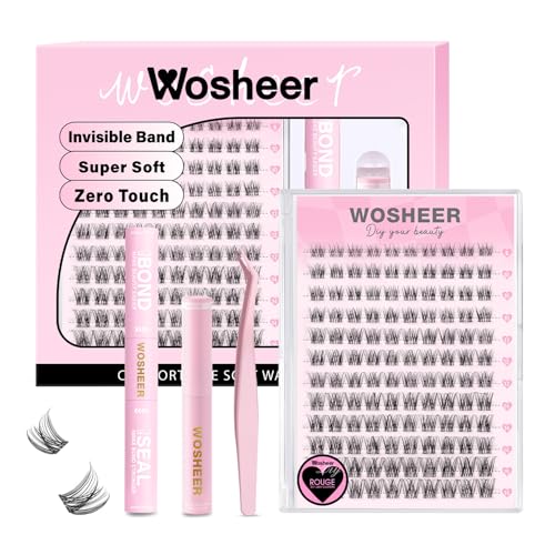 Wosheer Wimpern Extensions Set Lash Cluster Set Wispy Natürliche Wimpern Cluster D Curvature Diy Künstliche Wimpern with Bond and Seal & Remover (8-16mm Rougee Set)