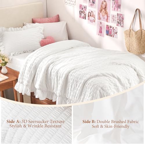 Image of JOLLYVOGUE White Twin /Twin XL Comforter Set, 2 Pieces Seersucker Lightweight Fluffy Bedding Set, Twin Ruffle Comforter, All Season Soft Microfiber Shabby Chic Bed Set