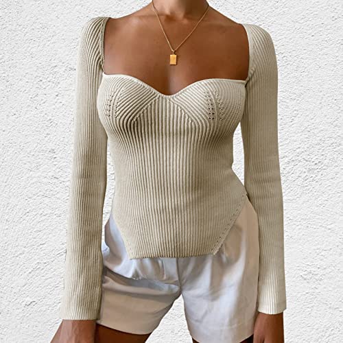 Image of Women's Square Neck Ribbed Knitted Sweater Long Sleeve Crop Slim Fitted Basic Pullover Tops
