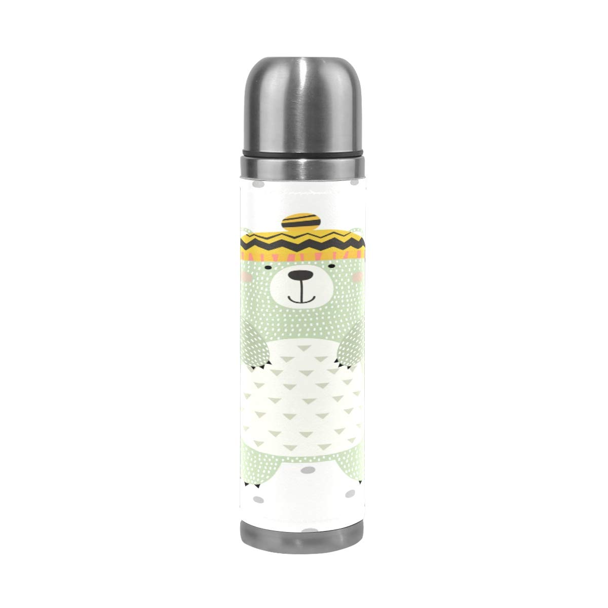 Taza de viaje aislada al vacío de acero inoxidable con doble pared a prueba de fugas, divertido diseño de oso de dibujos animados personalizado impreso en piel auténtica, termo termo de 500 ml