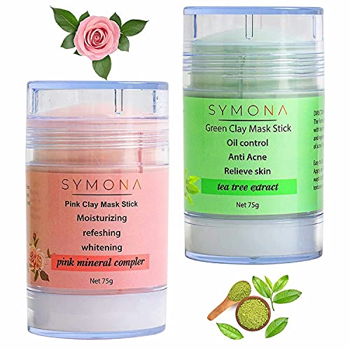 Symona Clay Mask Stick - 2 Pack Green Tea Mask Stick and Rose Mask Stick - Oil Control Green Tea Purifying Clay Stick Mask - Pink Clay Mask for Freshening Skin - Mask Stick for Blackheads and Pores (75gX2)