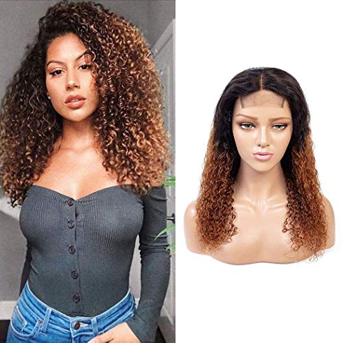Ombre Human Hair Wigs 1B/30 Brown Color Kinky Curly Closure Wig 4X4 Lace Closure 180% Density 10A Grade Human Hair Extensions Two Tone with Baby Hair Brazilian Hair 22 Inch