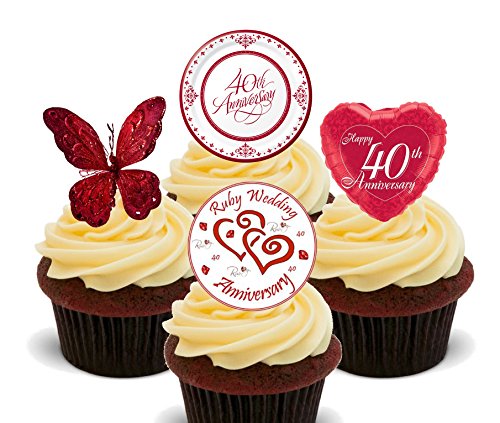 Ruby Wedding 40th Anniversary Edible Cupcake Toppers - Stand-up Wafer Cake Decorations (Pack of 24), Red