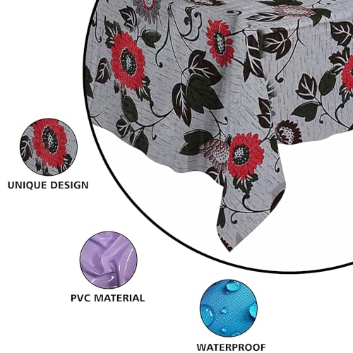 Image of PVC Self Design Waterproof Table Cover for Dining Table (6 Seater (54 inch x 78 inch), Grey, Red)