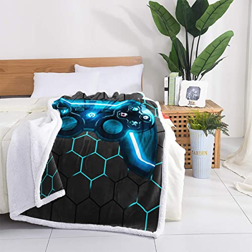 Gaming Throw Blanket For Boys Video Game Controller Printed Geometric Blue Black Flannel Throw Plush Sherpa Fleece Blanket Soft Cozy 60X80 Inch #TOP3