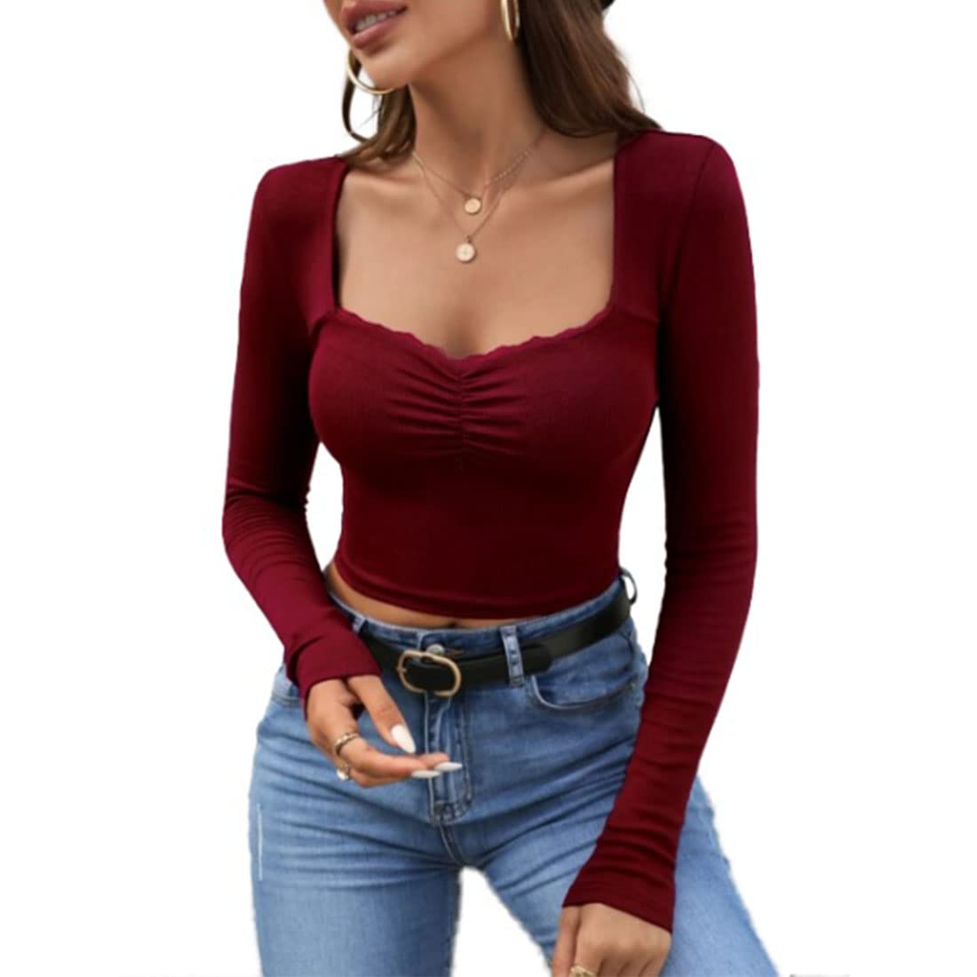 Sweetheart Neck Lace Trim Long Sleeve Regular Fit Ribbed Tops for Women