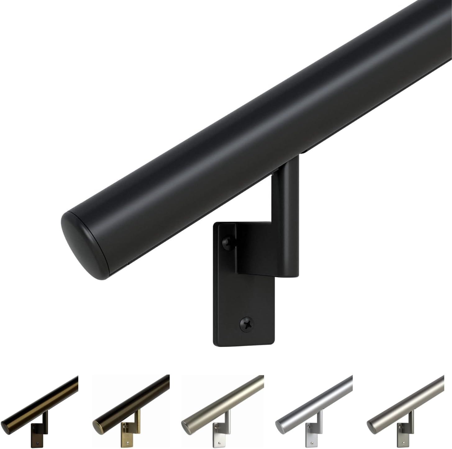 Promenaid 12ft Flush Handrail Kit - Satin Black - Complete Indoor/Outdoor Handrail for Stairs - 1.6" Round Anodized Aluminum Railing with 4 Satin Black Painted Pivoting Wall Brackets & Flush Endcaps