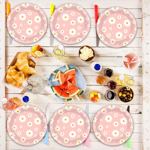 Image of Qyeahkj 48 PCS Daisy Paper Plates 7 Inch Daisy Flower Party Supplies Groovy Tableware Set Pink Groovy Boho Dessert Plates Decorations for Birthday Baby Shower Wedding Disposable Party Favors