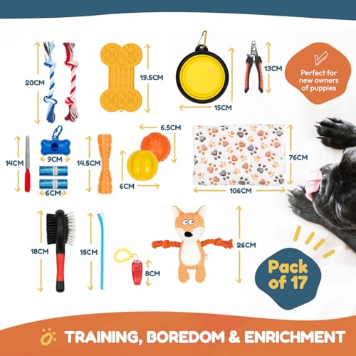 Pets & Play Welpen-Starter-Set, alles in einem, hochwertige Gesundheits-, Spiel-, Fellpflege- und Reiseartikel für neue Welpenbesitzer, 17 wichtige Haustierpakete, perfektes Startergeschenk für neue