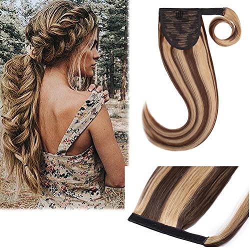 Human Hair Ponytail Extensions 20 Inch Highlight Wrap Around Ponytail Hairpiece for Women Medium Brown Mix Dark Blonde Long Straight Magic Paste Binding Pony Tail Balayage #4/27