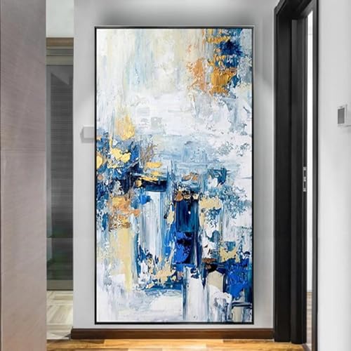 Art mural grand format avec peinture abstraite bleu et or encadrée