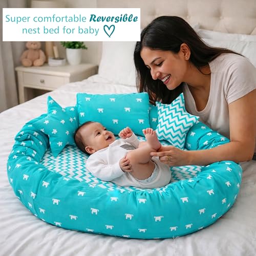 Image of Fareto Combo of Baby Bed with Net | Carry Bag | 4 Pcs Bedding Set (0-6 Months, Baby Size, Cotton) (Blue Crown)