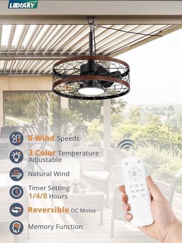 LEDIARY Outdoor Ceiling Fan with Light and Remote,Waterproof Gazebo Fan with Hanging Hook,6 Speeds, 3CCT, 20 Inch Caged Plug in Ceiling Fan for Patios,Porch, Pergola,Canopy - Image 3