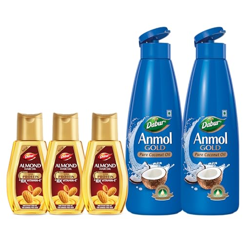 Image of Dabur Almond Hair Oil - 900ml (300ml x 3) + Gold Coconut Hair Oil - 600ml (Pack of 2) | Damage Protection | Non Sticky Formula | For Soft & Shiny Hair | With Almonds,Soya Protein & Vitamin E