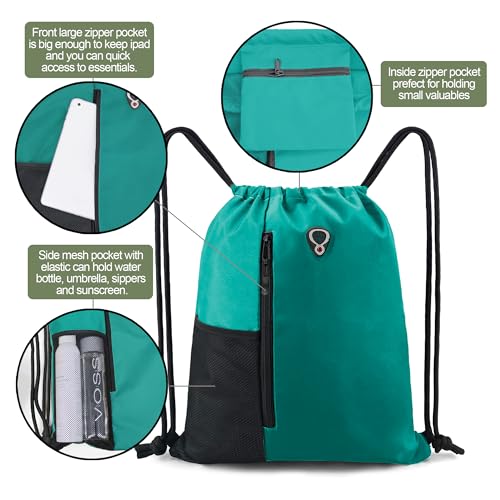 Image of BeeGreen Marrs Green Drawstring Backpack Gym Bag For Men & Women - Sports Sackpack with Mesh Water Bottle Holder & 2 Zippered Pockets - Large 16x20 Inch Cinch String Backpack