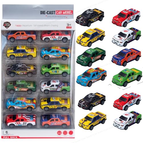 Image of SHAKTISM Die Cast Metal Toy Cars Set - 1:43 Scale Pull Back Action Cars with Open Doors, 4 Model Designs, Mini Vintage Car Collection for Kids Boys Girls, Gift Toy (Die-Cast Truck Set 12Pcs)