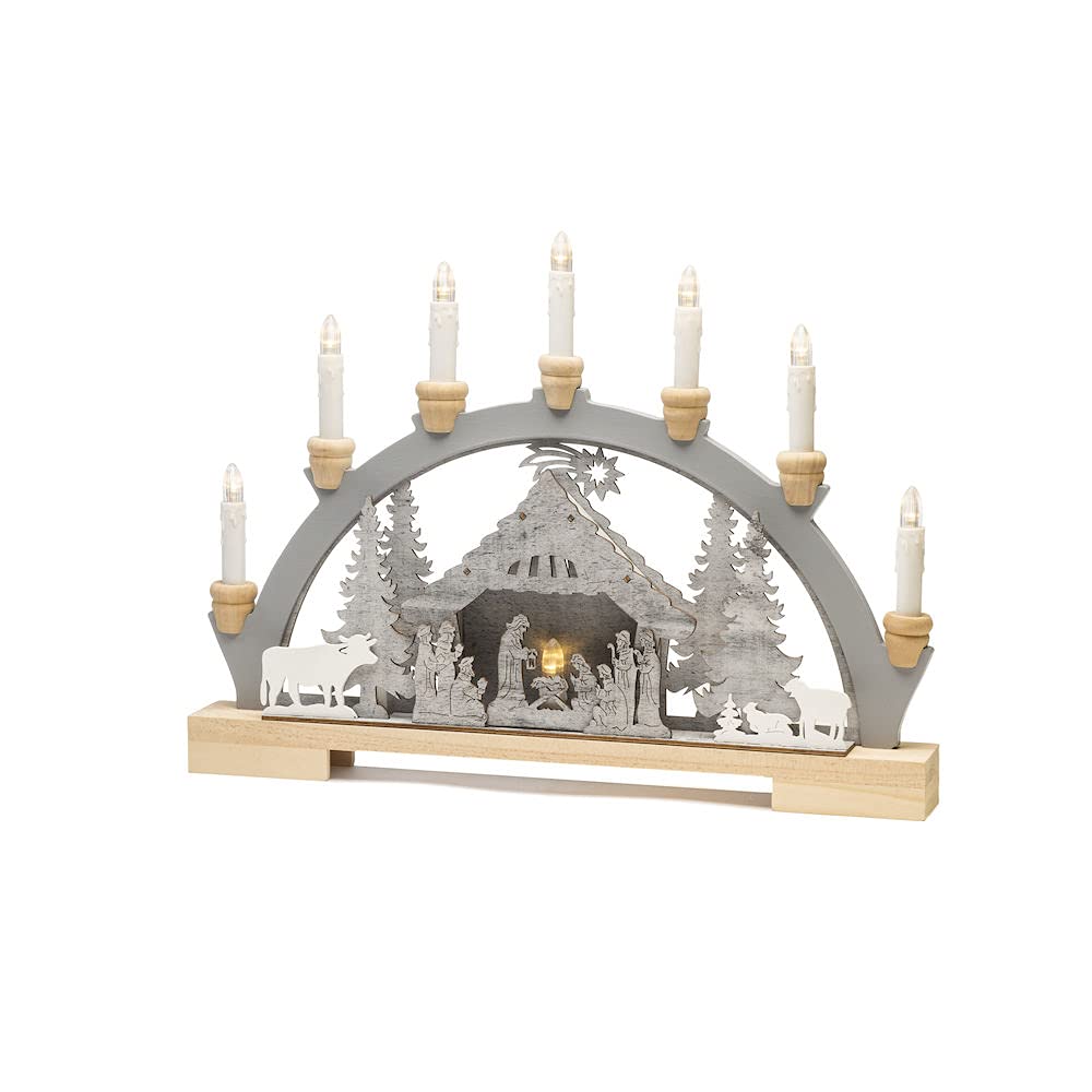 Konstsmide Christmas Lights/LED Nativity Scene Wooden Table Decoration/Indoor Use (IP20)/Transformer or Battery Operation (Excl.)/10 Warm White Diodes/Transparent Cable, Wood, Grey