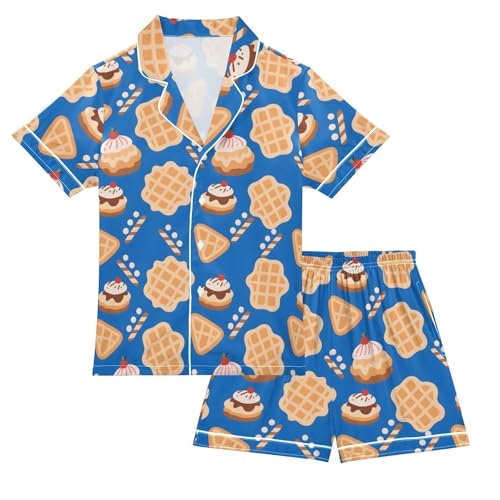 Waffles Ice Cream Summer Pajamas Set Soft Satin Pjs Sets 2 Piece Short Sleeve Sleepwear Casual Clothes