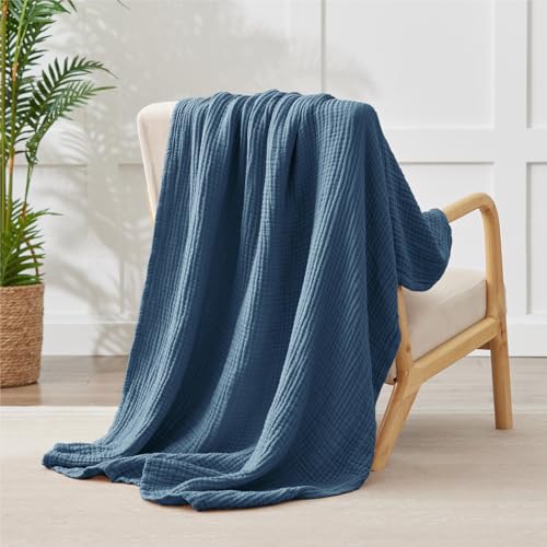 Image of 100% Cotton Throw Blanket 50 inch x 70 inch Dark Blue, 6 Layers Large Breathable and Lightweight Cotton Blanket for Bed and Couch, Soft Quilt Bedspread, Gauze Blanket for Adults All Season, Blue