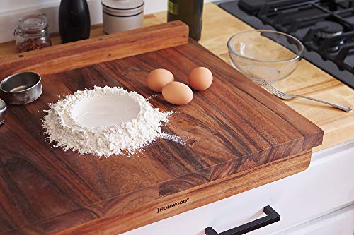 Image of Ironwood Gourmet Double-Sided Countertop Lyon Pastry /Cutting Board With Gravy Groove, Acacia Wood 17.25 x 24 x 1.25 inches | Extra Large Wood Cutting Board With Juice Groove | Countertop Lip Keeps The Board In Place | Easily Knead Dough & Carve Meat