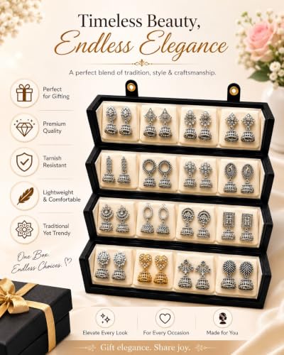 Image of Mirakii Jewels Oxidized Silver Jhumka Earrings Set for Women & Girls (16 Pairs) | Traditional Jhumki Combo | Multi Design Jhumka Collection with Premium Gift Box