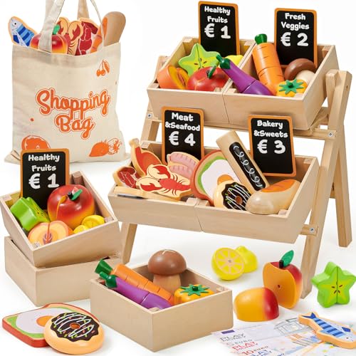 Atoylink Kinderküche Zubehör Holz Spielküche Zubehör mit Kaufmannsladen Zubehör Küchenzubehör Kinder Holz Lebensmittel Rollenspiel Holzspielzeug Kaufladen Kinder Geschenk für Mädchen Junge 3 Jahre
