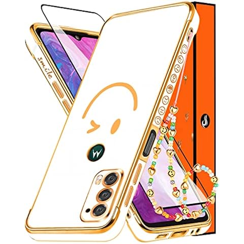 Kokaaee (3in1 for Motorola Moto Edge 2021/Motorola Edge 5G UW Case Cute Face for Women Girls Girly Aesthetic Trendy Pretty Phone Cases White and Gold Design Cover+Screen+Chain for 6.8" Cover