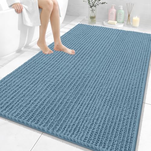 Image of OLANLY Bathroom Rug Mat 59x35, Thick Soft and Absorbent Chenille Bath Mat, Non-Slip Rubber Backing, Machine Washable Quick Dry Bath Rugs for Tub Shower Floor, Home Decor Accessories, Airy Blue