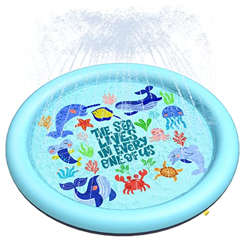 Image of Peteast Anti-Slip Ocean-Themed Splash Pad for Kids and Dogs - 67in 0.58 mm Thicken Sprinkler Dog Pool for Summer Outdoor Water Toys - Fun Backyard Play Mat for Children and Pets
