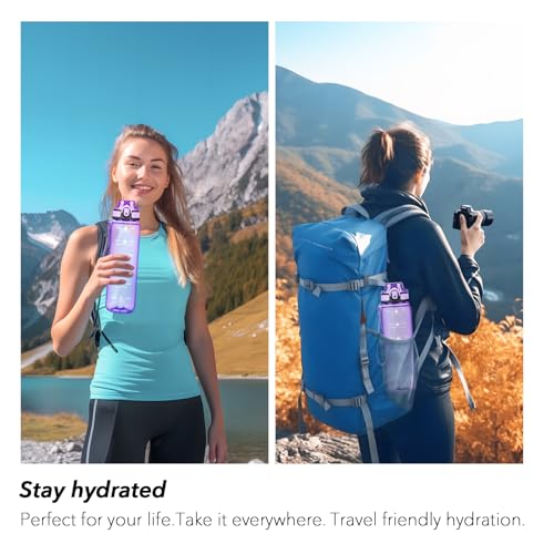 Image of 32oz Transparent Water Bottle with Time Marker, Clear Purple Motivational Drinking Bottle with Strap, BPA-Free Leak-Proof, Encouraging Water Bottle to Drink Water for Gym School Office Travel