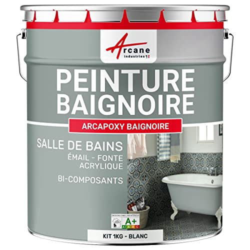 Peinture Baignoire Lavabo Bac à douche : Résine Salle de Bain pour Baignoire émail, acrylique et fonte - 1 kg (jusqu'à 3 m² en 2 couches) Blanc - RAL 9003...