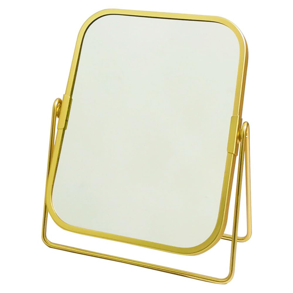 2-Sided Golden Tabletop Makeup Mirror, Double Sided 2X Magnification Vanity Mirror, 360°Rotation Dressing Table Mirror (Gold - Rectangle)