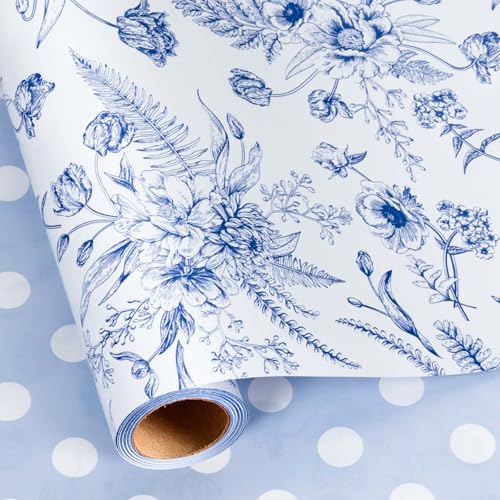 Yarcony Blue Floral Wrapping Paper Roll, Blue and White...