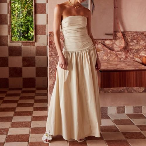 Image of Women Tube Top Maxi Dress 2025 Elegant Sleeveless Strapless Ruched Flowy Summer Long Wedding Party Cocktail Dresses