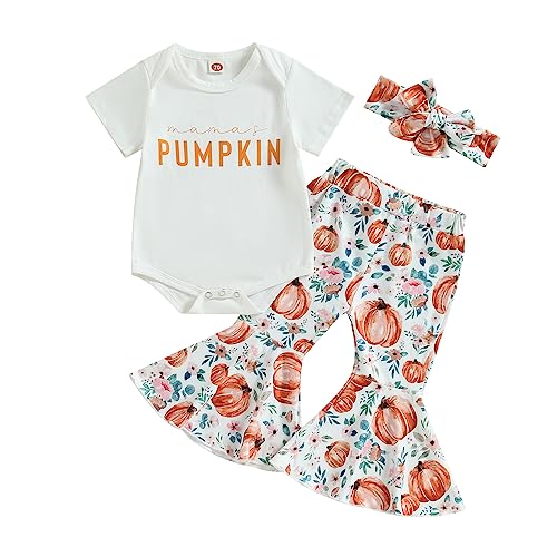 Image of Hnyenmcko Baby Girl Halloween Clothes Set Long Sleeve Letter Tops Pumpkin Bell-Bottoms Pants with Headband 3Pcs Fall Outfits