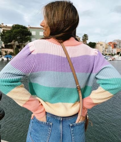 LOAIHA Striped Sweater for Women Turtleneck Sweater Striped Patchwork Casual Knitted Long Sleeve Color Block Fall Pullover4