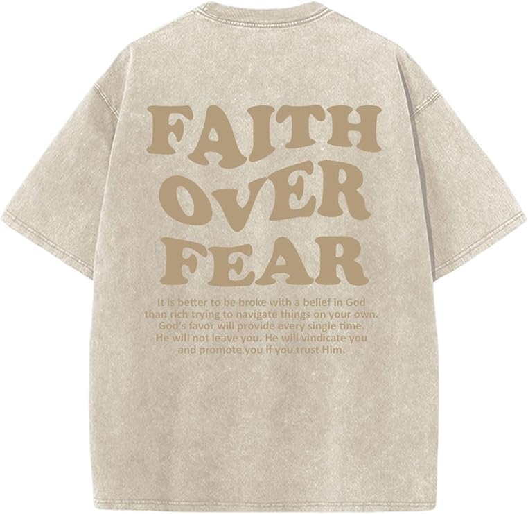 (Size L) QJQ Men's Letter Graphic Tees Short Sleeve Crewneck T Shirts Faith Over Fear Baggy Streetwear Tops